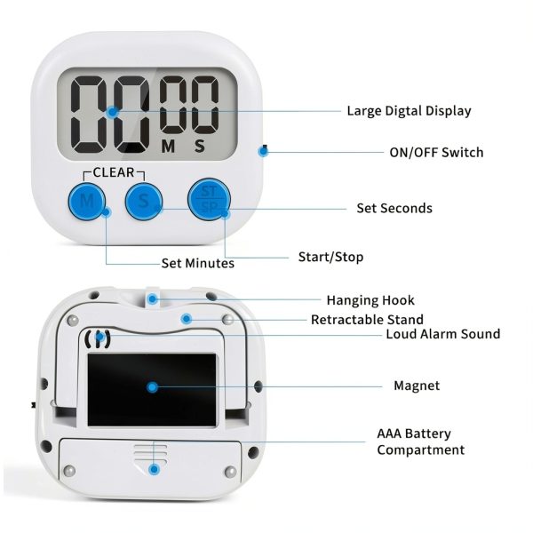 Digital Kitchen Timer 6 Pack Magnetic Back ON/OFF Switch LinkDm White-3